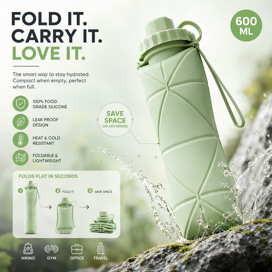 Foldable Silicone Reusable Water Bottle 600ML β Leakproof & Portable